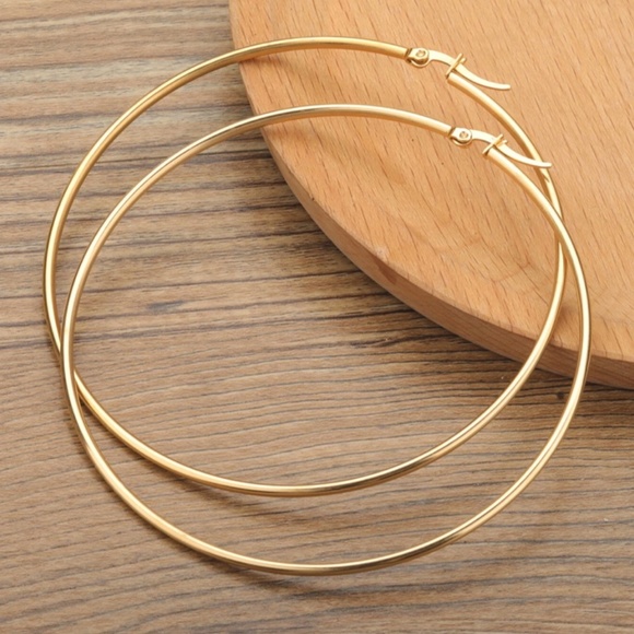 Gold Tone Large Hoop Earrings Zinc Alloy Round - Picture 4 of 7